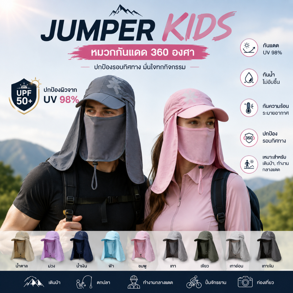 Jumper Kids หมวกกันแดด 360 องศา พับเก็บได้ กันน้ำ กันความร้อน หมวกแก๊ป มีผ้าคลุมหน้า ทำงานกลางแดดได้