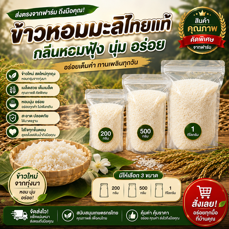 ข้าวหอมมะลิแท้ คัดพิเศษ หอมฟุ้ง อร่อยแสงออกปาก! หุงขึ้นหม้อ นุ่มข้ามวัน ราคาถูกที่สุด (1kg/500g/200g)