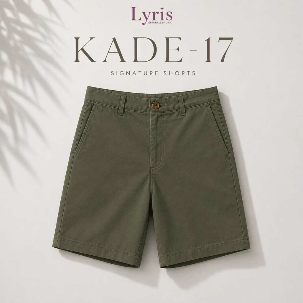 Lyris KADE กางเกงขาสั้นผู้ชาย ผ้าชิโน่ สีเขียวโอลิฟ (17 นิ้ว) วินเทจ ใส่สบาย ไม่รัดเป้า ลำลองสุภาพ