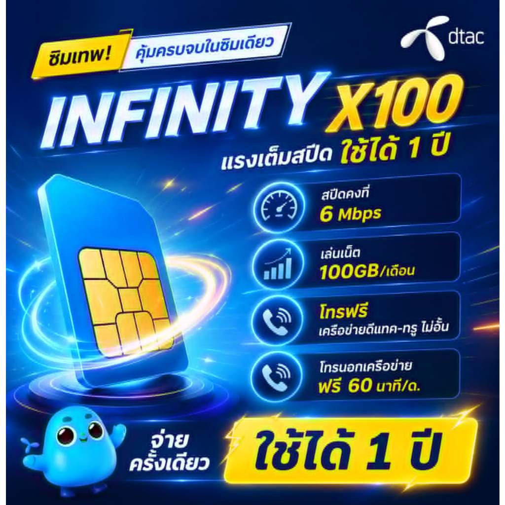 ซิมดีแทค อินฟินิตี้ Infinity X100 เน็ต 6 Mbps ลงทะเบียนก่อน 31 มีนา 70