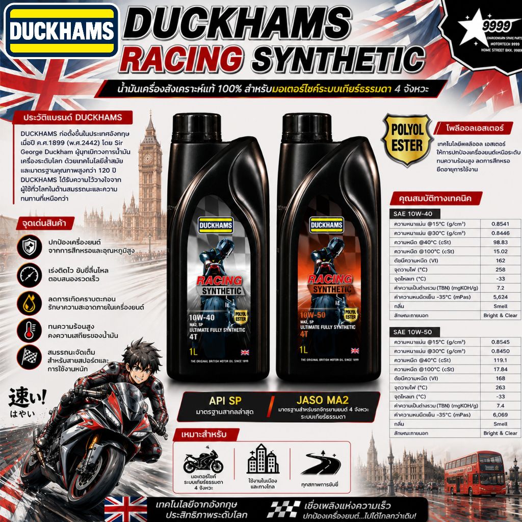 Duckhams Racing Synthetic น้ำมันเครื่องสังเคราะห์แท้ 0.8L./ 1 L.