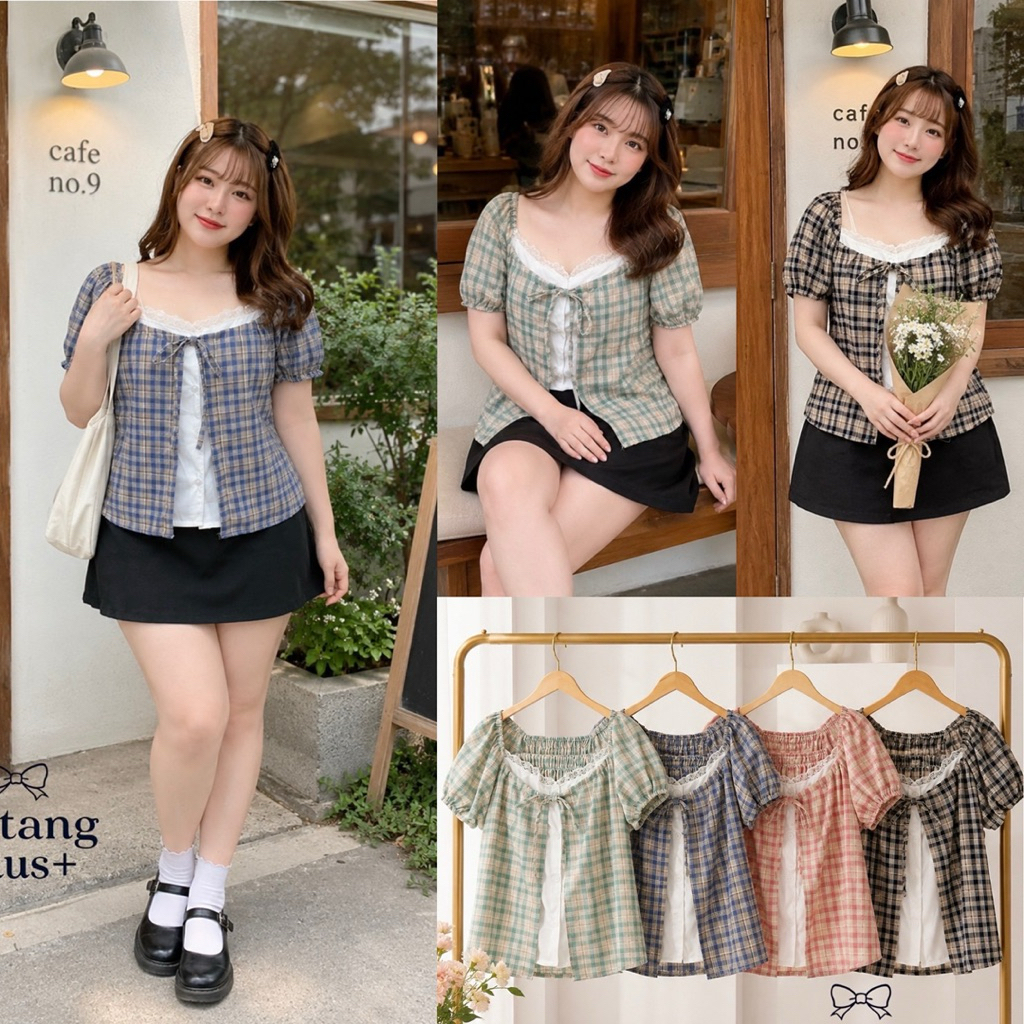 /MT/ เสื้อแขนสั้นลายสก็อต ไซส์อก40-56 เย็บติดด้านในสีขาว แต่งลูกไม้ สม็อคหลัง #เสื้อผ้าไซส์ใหญ่ สาวอวบอ้วน พลัสไซส์