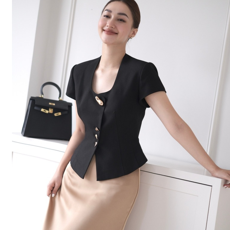 NANCY HAGOO เสื้อนักข่าวสํานักงานหรูหรา 3 สี สีดํา/ขาว [A661]