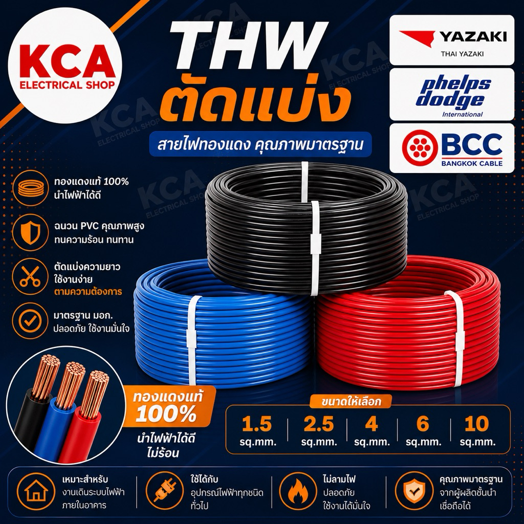 สายไฟตัดแบ่ง 1 เมตร THW 1.5/ 2.5 / 4/ 6 /10 sq.mm. สายเเข็งแกนเดี่ยวทองแดง แบรนด์ มอก และ YAZAKI BCC