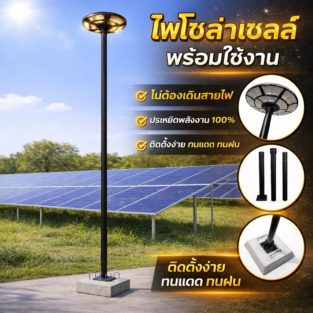 เสาไฟโซล่าเซลล์ พร้อมฐานซีเมนต์และเสาสำเร็จรูป ใช้ได้ทั้งไฟทาง และ UFO