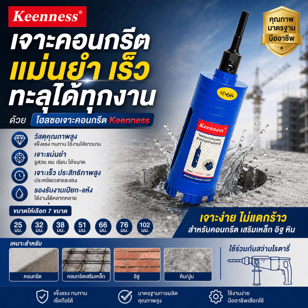 KEENNESS โฮลซอเจาะปูน 66 มม. 76 มม. ฟันคาร์ไบด์ โฮลซอเจาะคอนกรีต เจาะรูแอร์ เดินท่อระบบ ขนาด 2.5 นิ้ว 3 นิ้ว ยาว 180 มม.