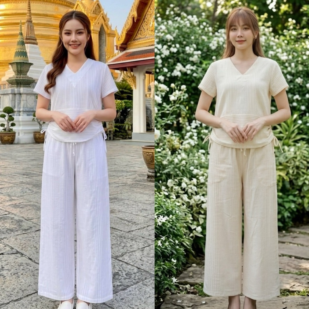 เสื้อผ้าฝ้ายด็อบบี้คอวี  เชือกรูดข้าง