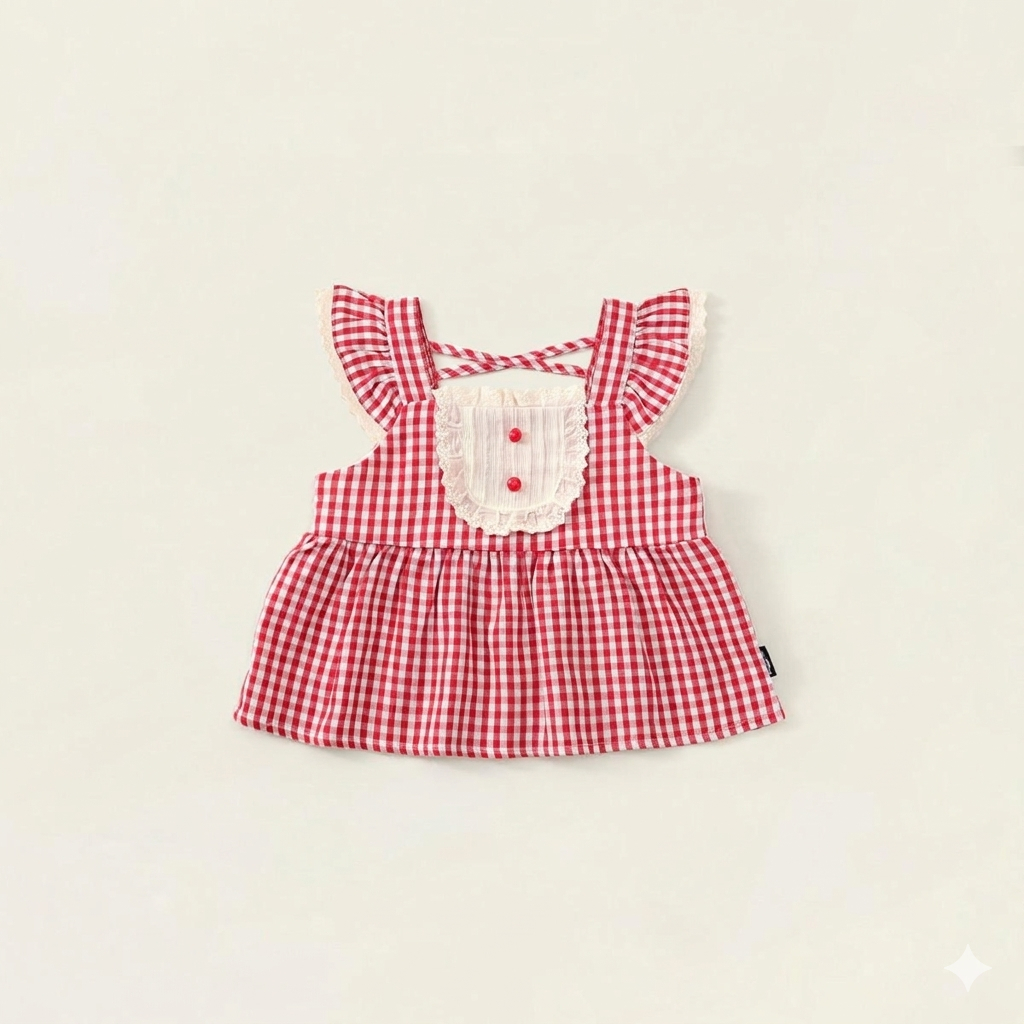 Hania kids พร้อมส่ง เสื้อลูกไม้ลายสก็อตสุดน่ารัก ฟรุ้งฟริ้ง K5125670