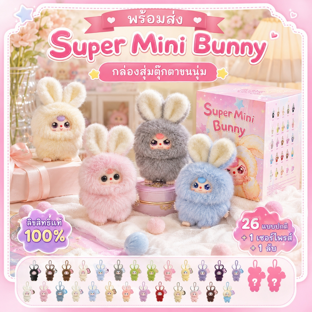 Baby Three Super Mini Bunny กล่องสุ่มตุ๊กตาขนนุ่ม ลิขสิทธิ์แท้100% ของสะสม ของขวัญ พร้อมส่ง