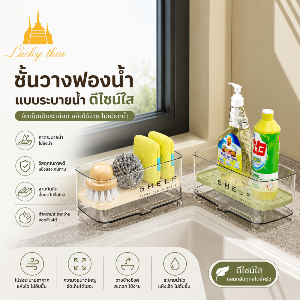 luckythai ชั้นวางฟองน้ำล้างจาน พร้อมถาดระบายน้ำ กล่องเก็บอุปกรณ์ล้างจาน วางข้างซิงก์ ครัวมินิมอล PET+ABS ใช้งานง่าย