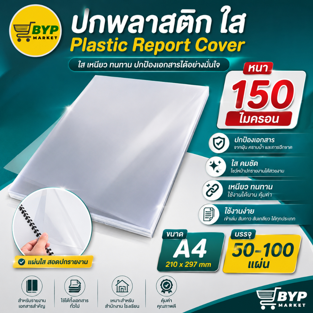 [มีส่งด่วน] แผ่นใสรองปกรายงาน หน้าปกใส 50,100 แผ่น ขนาด A4 (210 x 297 มม.) หนา 150 ไมครอน PET ปกพลาสติกใส
