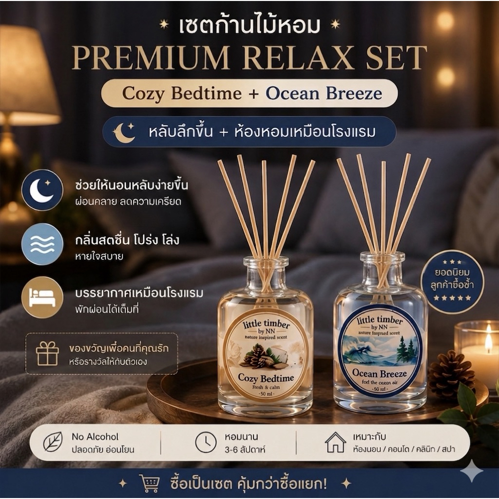 ก้านไม้หอม 50 ml.  🕯️ Premium Relax Set | No Alcohol 2 กลิ่น หรู นุ่มลึก ผ่อนคลายระดับพรีเมียม 50 ml x2