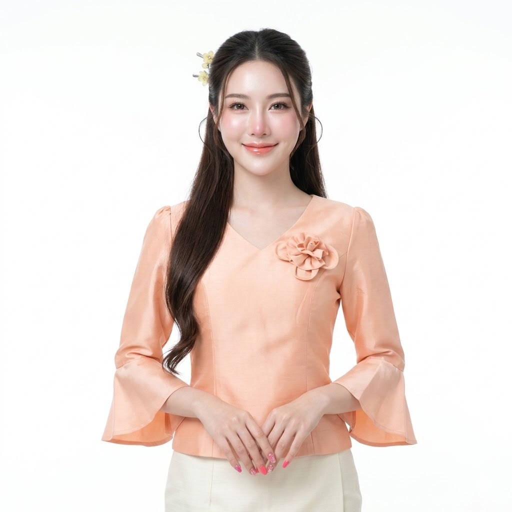 เสื้อไหมสี่เส้น รหัส ดม งานอัดกาว ทรงสุภาพ คอวี แขนยาวปลายกระดิ่ง ซิปหลัง พลัสไซส์ อก 34-46 นิ้ว ใส่ทำบุญ ออกงาน