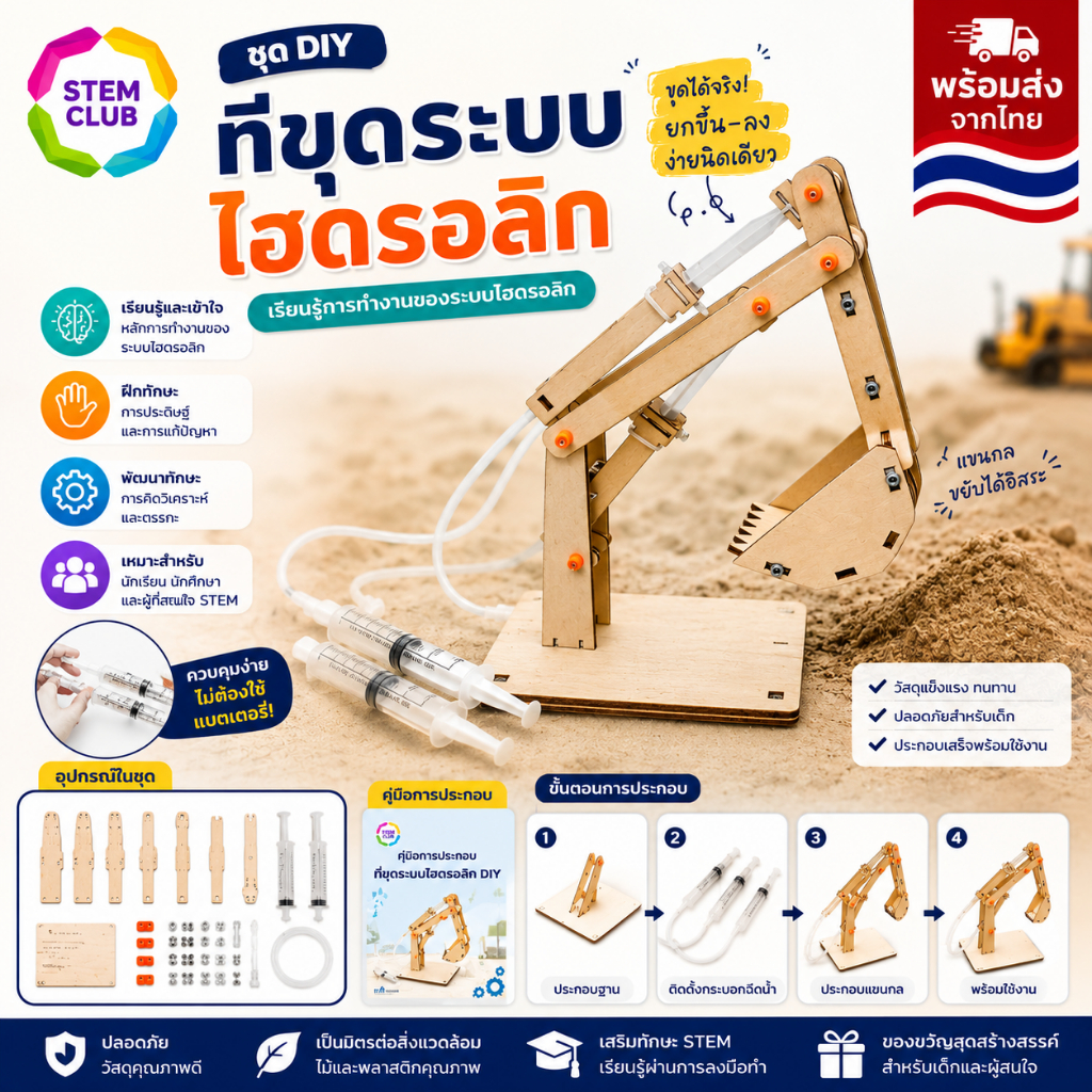พร้อมส่ง!! รถขุดไฮดรอลิกรุ่นเด็กเล่น สื่อการสอน DIY ของเล่น การทดลองทางวิทยาศาสตร์เทคโนโลยีระดับประถมศึกษาและมัธยมศึกษา