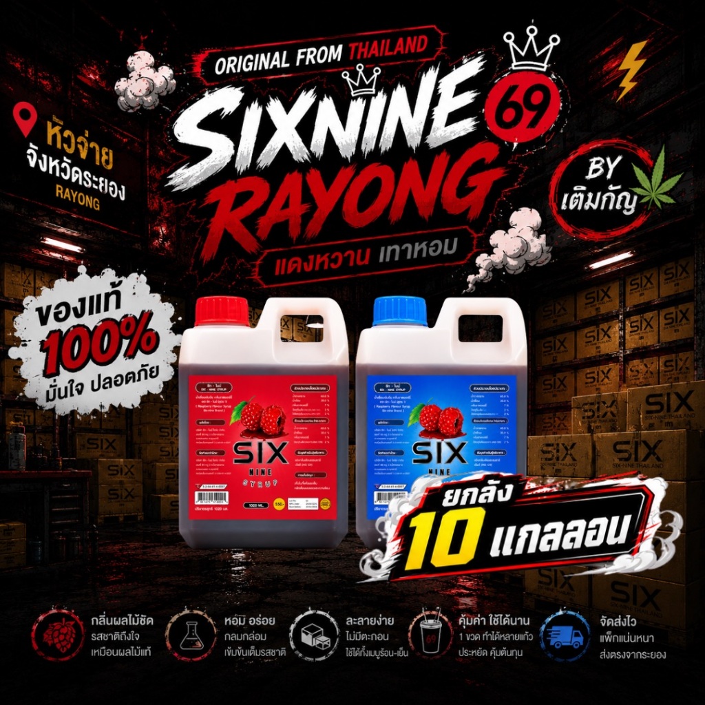 (10 แกลลอน)❤Sixnine Syrup 69🍒ยกลัง น้ำเชื่อม กลิ่นราสเบอรี่ ฝาเทา ฝาแดง แกลลอน 1020ml. พร้อมส่ง🚛💯