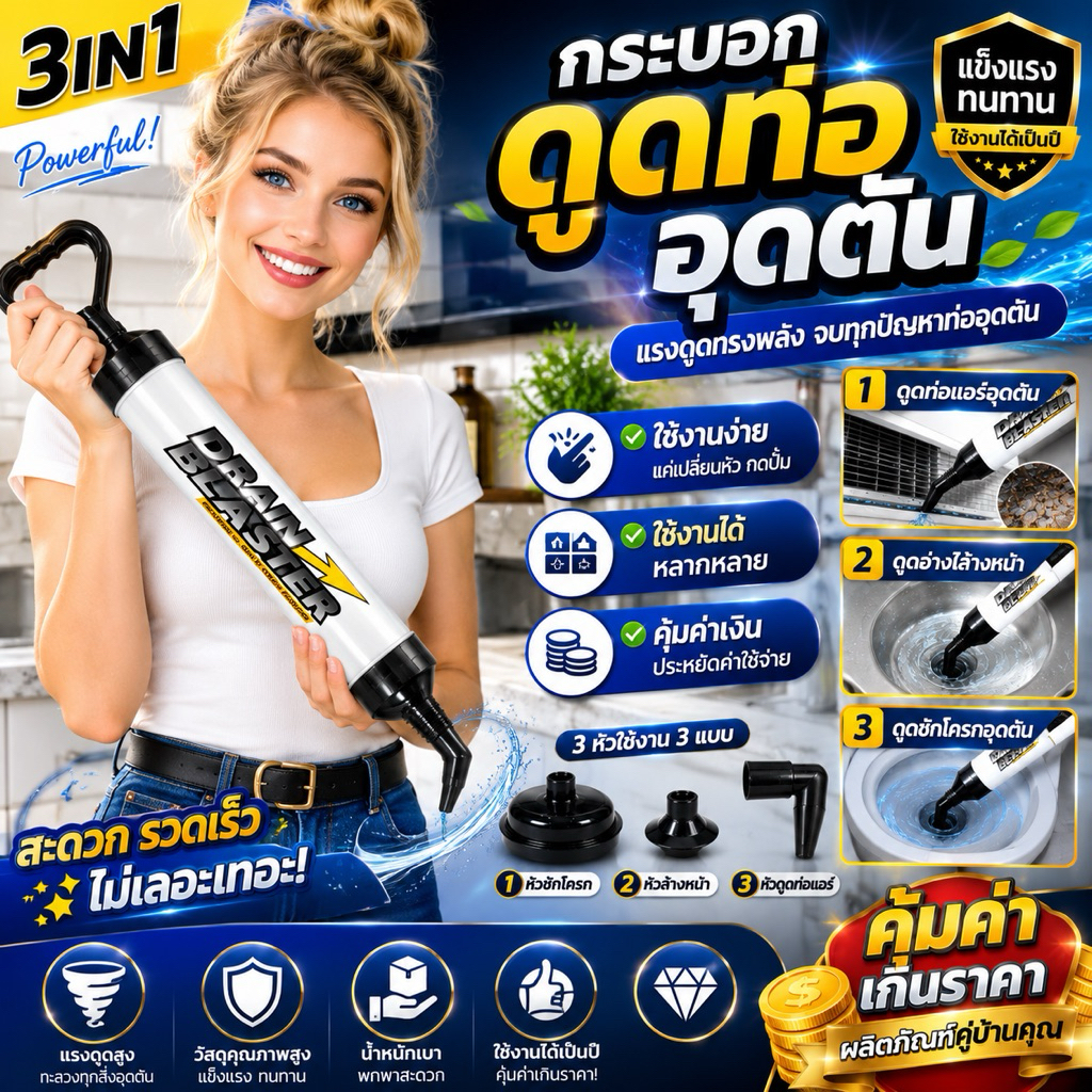 กระบอกดูดท่ออุดตัน แบบ 3in1 แก้ปัญหาน้ำแอร์หยด