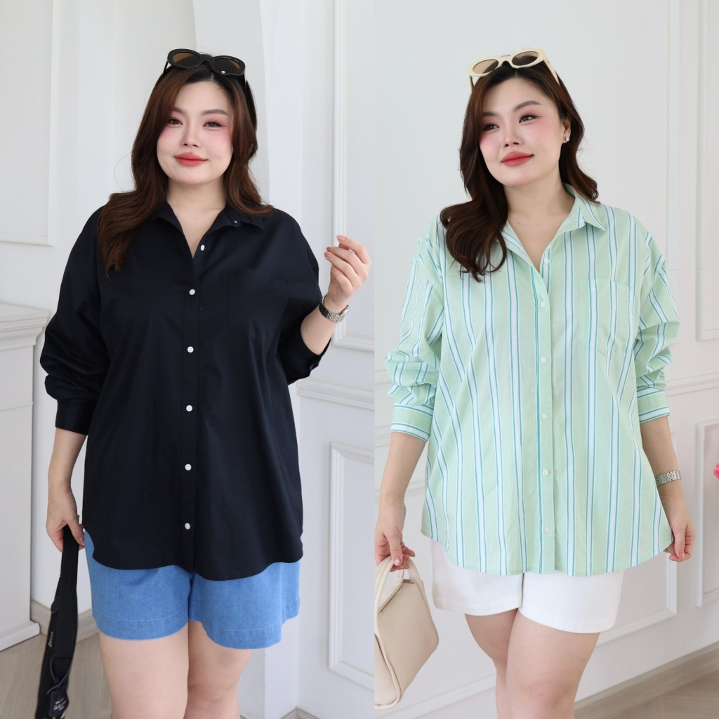 เสื้อเชิ้ต ทรงโอเวอร์ไซส์ สาวอวบ ผ้า Cotton เนื้อดี เชิ้ตสาวอวบ เชิ้ตลายทาง เชิ้ตพลัสไซส์ เชิ้ตไซส์ใหญ่ S490-0099