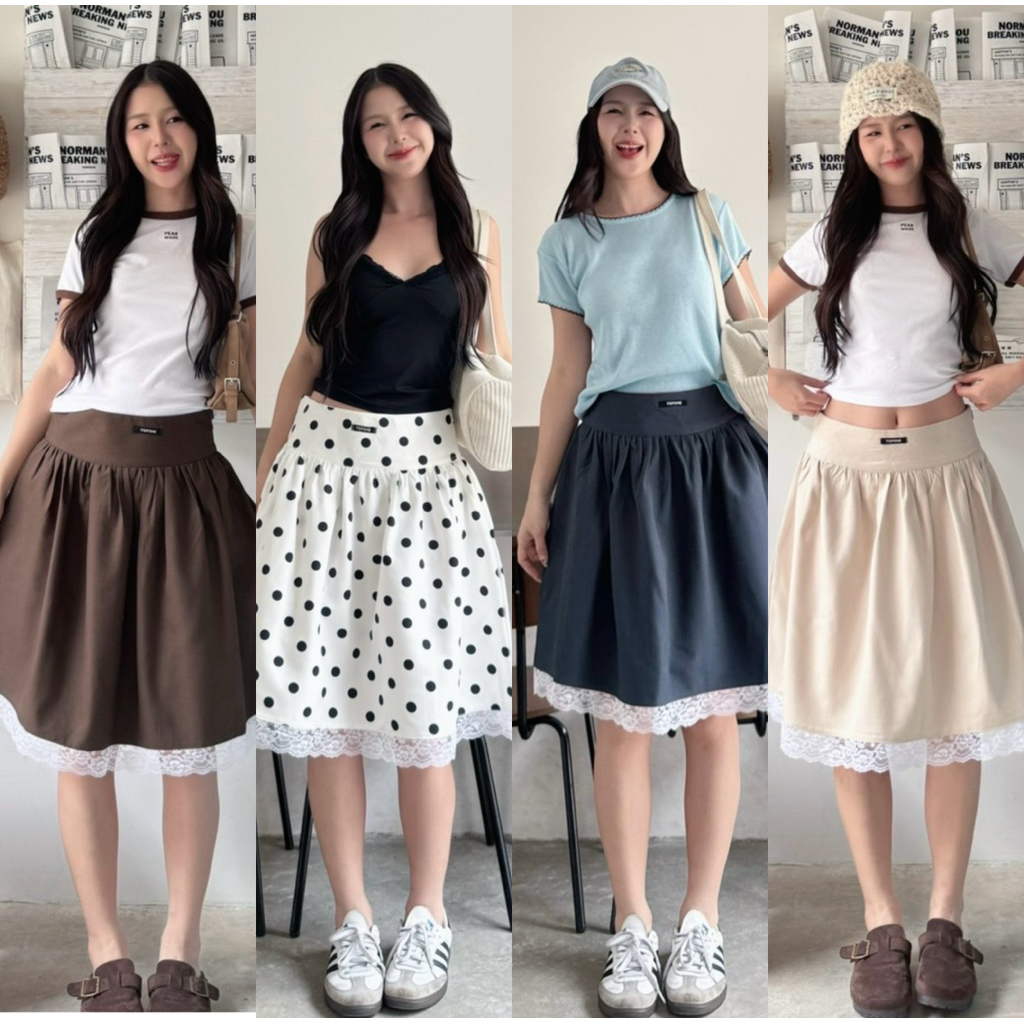 กระโปรงเอวสูง ทรงบาน 5 ส่วน ดีเทล ลูกไม้ชายกระโปรง (งานซิปข้าง)