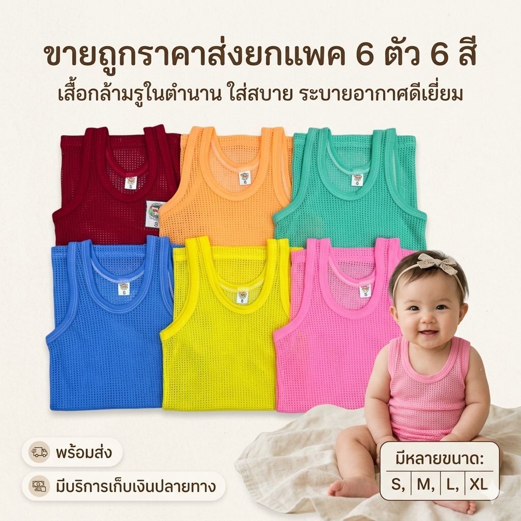 เสื้อกล้ามรูในตำนาน ที่ทุกบ้านควรมี เสื้อกล้ามสำหรับเด็ก 0-3 ขวบ ราคาถูก ขายส่ง ยกแพค 6 ตัว/12 ตัว