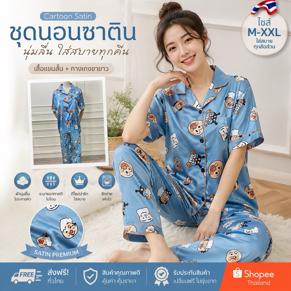 ชุดนอนผ้าซาติน  ผ้าลื่น ใส่สบาย เสื้อแขนสั้น+กางเกงขายาว ไซส์4XL มีลายน่ารักๆ ให้เลือก🧸【ราคาต่ำสุด】