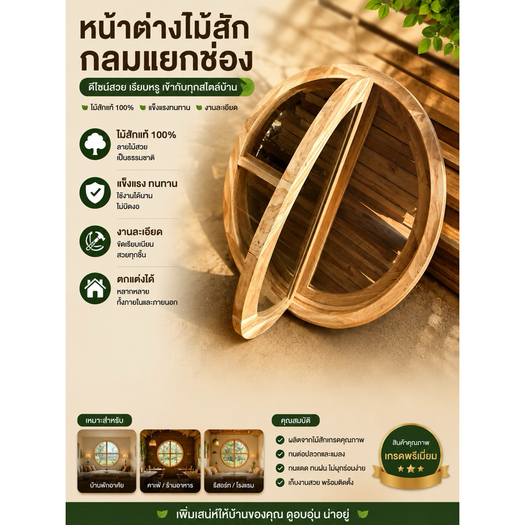 วงกบกลมไม้สักแท้100%มีบานหน้าต่าง มินิมอล ราคาโรงงาน