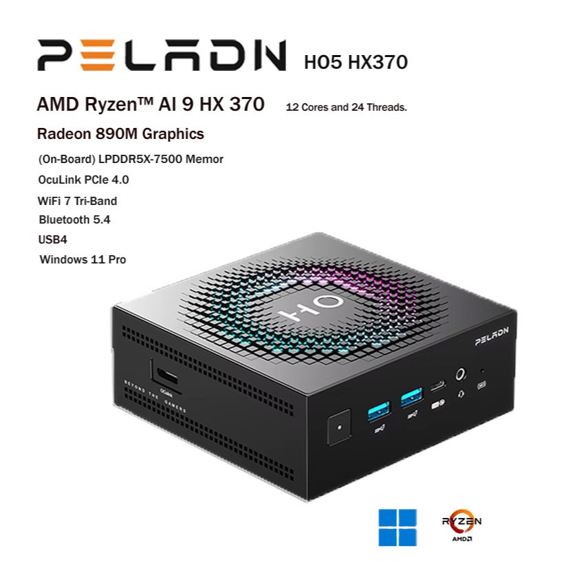 คอมพิวเตอร์ขนาดเล็ก mini-PC PELADN HO5 HX370 AI Empowered Smart Touch lighting By Ryzen Al 9 HX 370