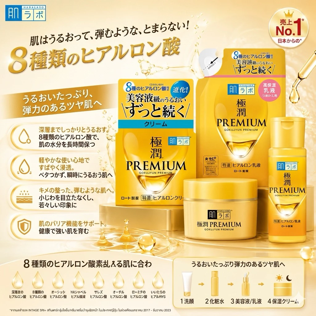 🟡 ขวดทองรุ่นพรีเมี่ยมแถบชมพู (สูตรน้ำนมเข้มข้น) Hada Labo Gokujyun Premium Hyaluronic Acid Milk 140 ml. (ผิวแห้ง)