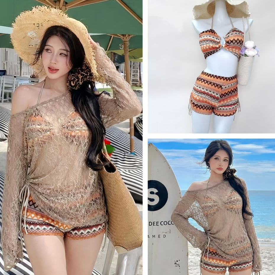 ชุดว่ายน้ำไซส์ใหญ่, ชุดบิกินี่สามชิ้นสุดเซ็กซี่, ชุดว่ายน้ำชายหาดแบบถัก, เสื้อแจ็คเก็ตแขนยาว # S2A244
