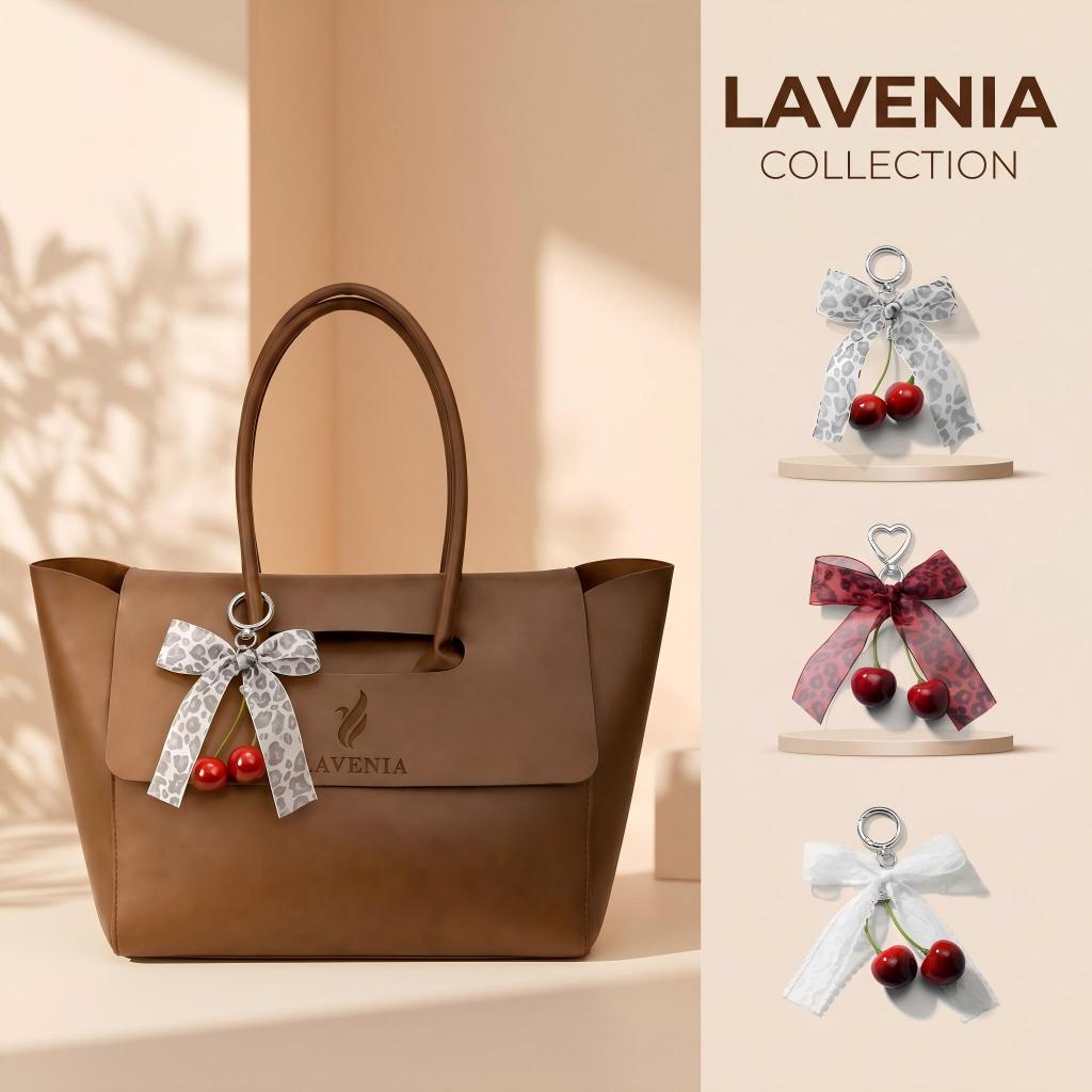 LAVENIA กระเป๋าโท้ทผู้หญิงลุคพรีเมียม แต่งจี้เชอร์รี่โบว์น่ารัก หนัง ความจุเยอะ กระเป๋าสะพายไหล่สำหรับทำงานและใช้ทุกว
