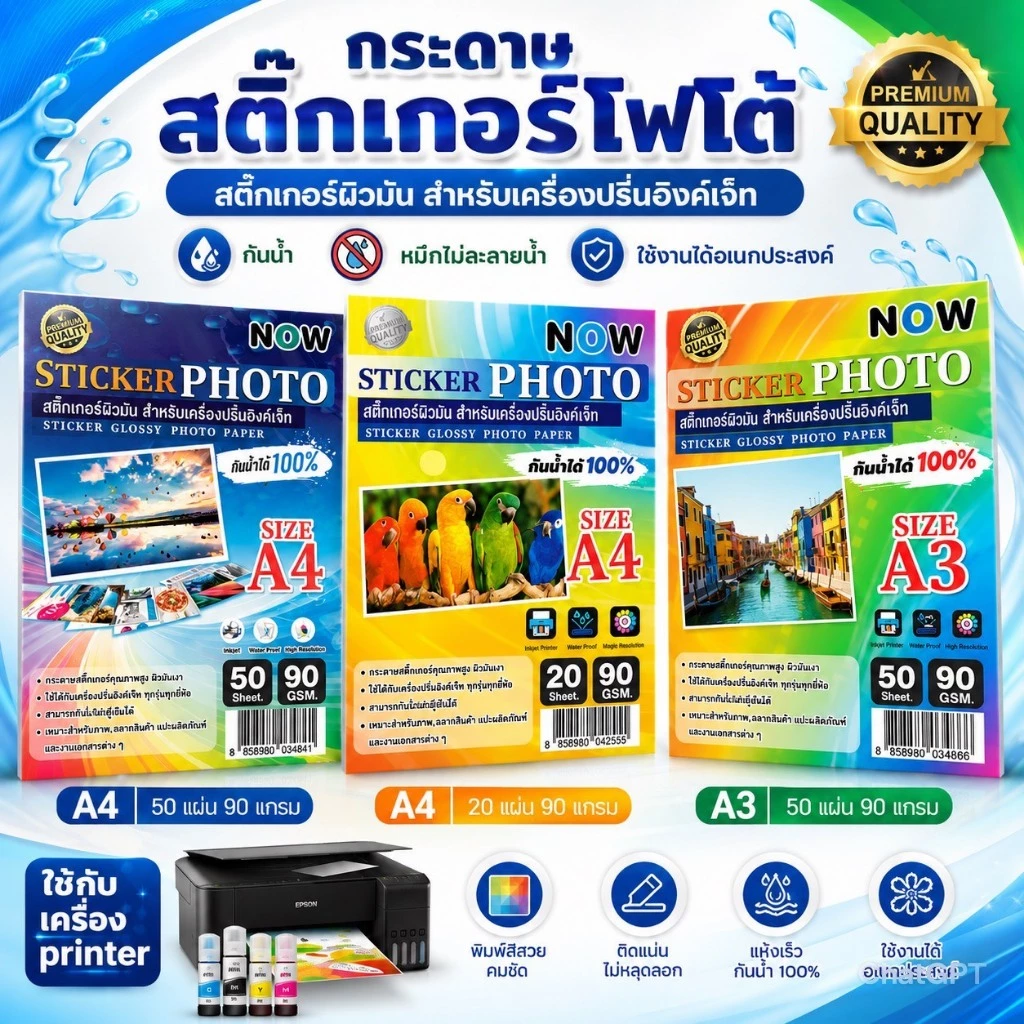 [มีส่งทันที] สติ๊กเกอร์โฟโต้ หนา 90 แกรม A4 , A3 ผิวมันเงา (20 แผ่น 50 แผ่น ) สำหรับเครื่องปริ้น inkjet กันน้ำได้
