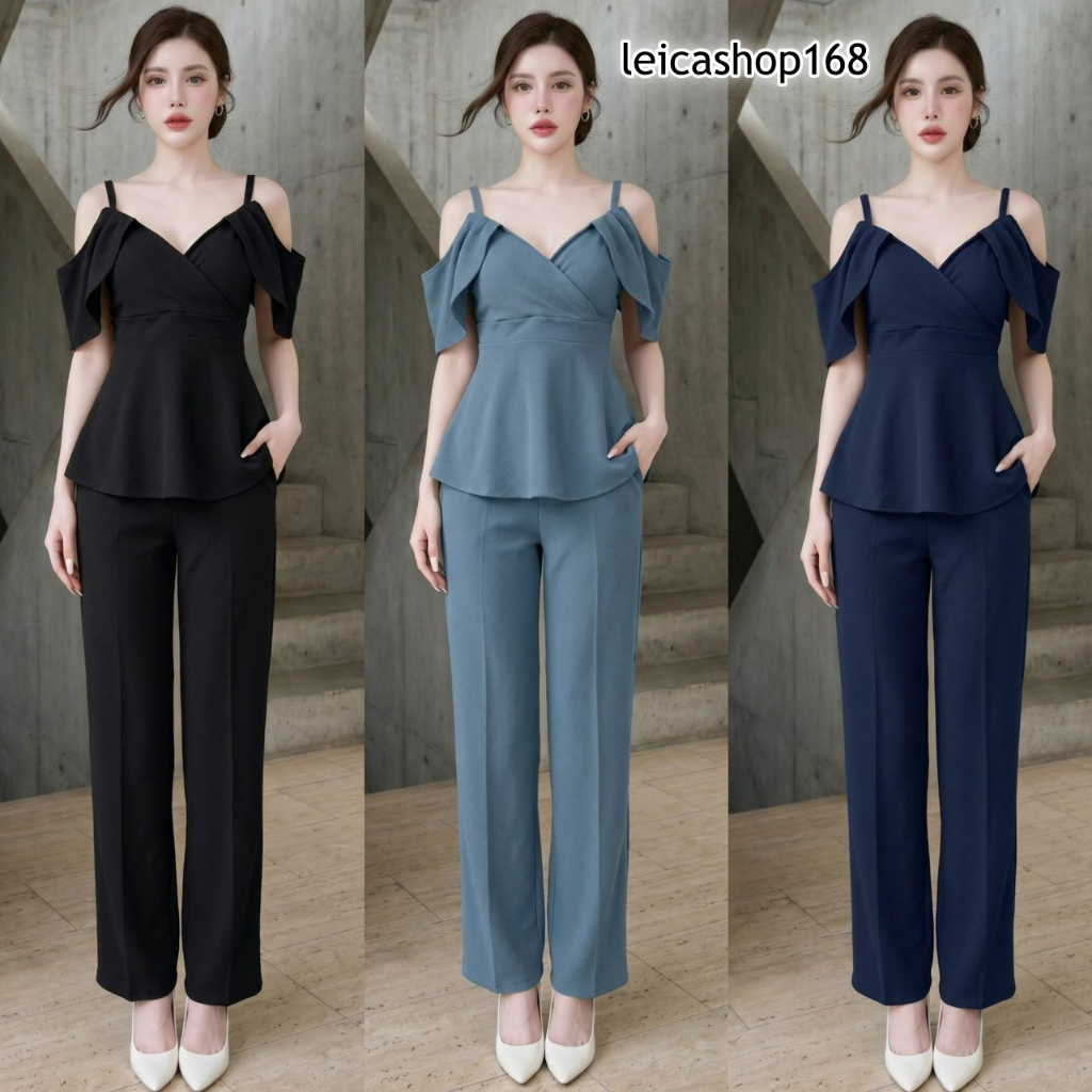สินค้าพร้อมส่ง ชุดเซตออกงาน ผ้าวูลเวฟ เสื้อสายเดี่ยวเปิดไหล่ระบาย อกไขว้ ชายระบาย สม็อคหลัง+กางเกงเอวเรียบสม็อคหลัง