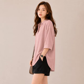 เสื้อเชิ้ตลายทาง แขน5ส่วน ทรงหลวม สไตล์เกาหลี M-4XL