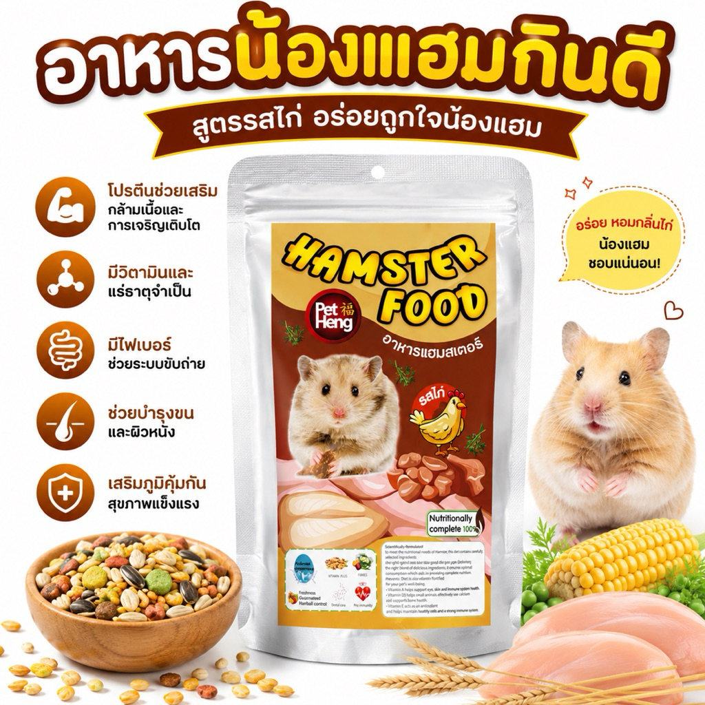 อาหารแฮมสเตอร์ สูตรไก่ Pet Heng โปรตีนสูง อาหารหนูแฮมสเตอร์ เสริมกล้ามเนื้อ บำรุงขน
