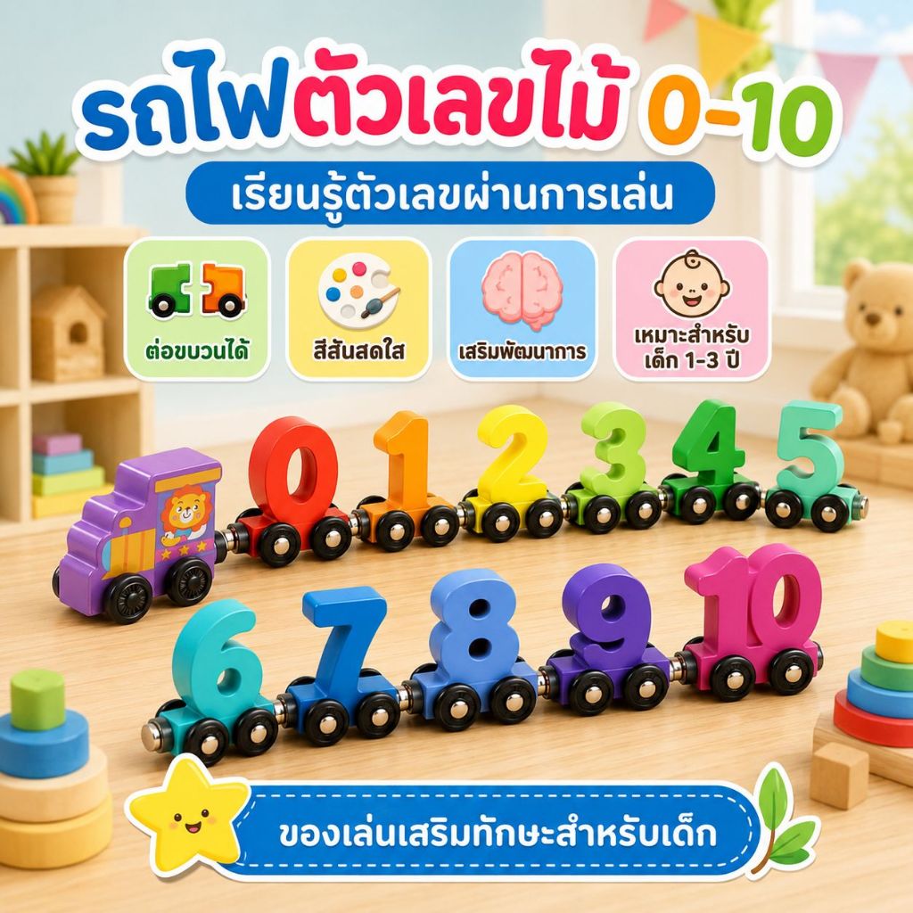 KiKi รถไฟแม่เหล็กตัวเลขไม้ 0-10 ของเล่นเด็กเสริมพัฒนาการ ฝึกนับเลข มอนเตสซอรี่ สีสันสดใส