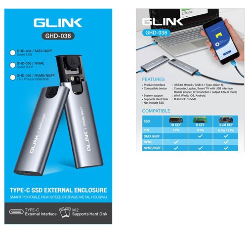 ส่งจากไทย GLINK GHD-036 Type-C SSD External Enclosure SATA NGFF NVME M2 GHD036