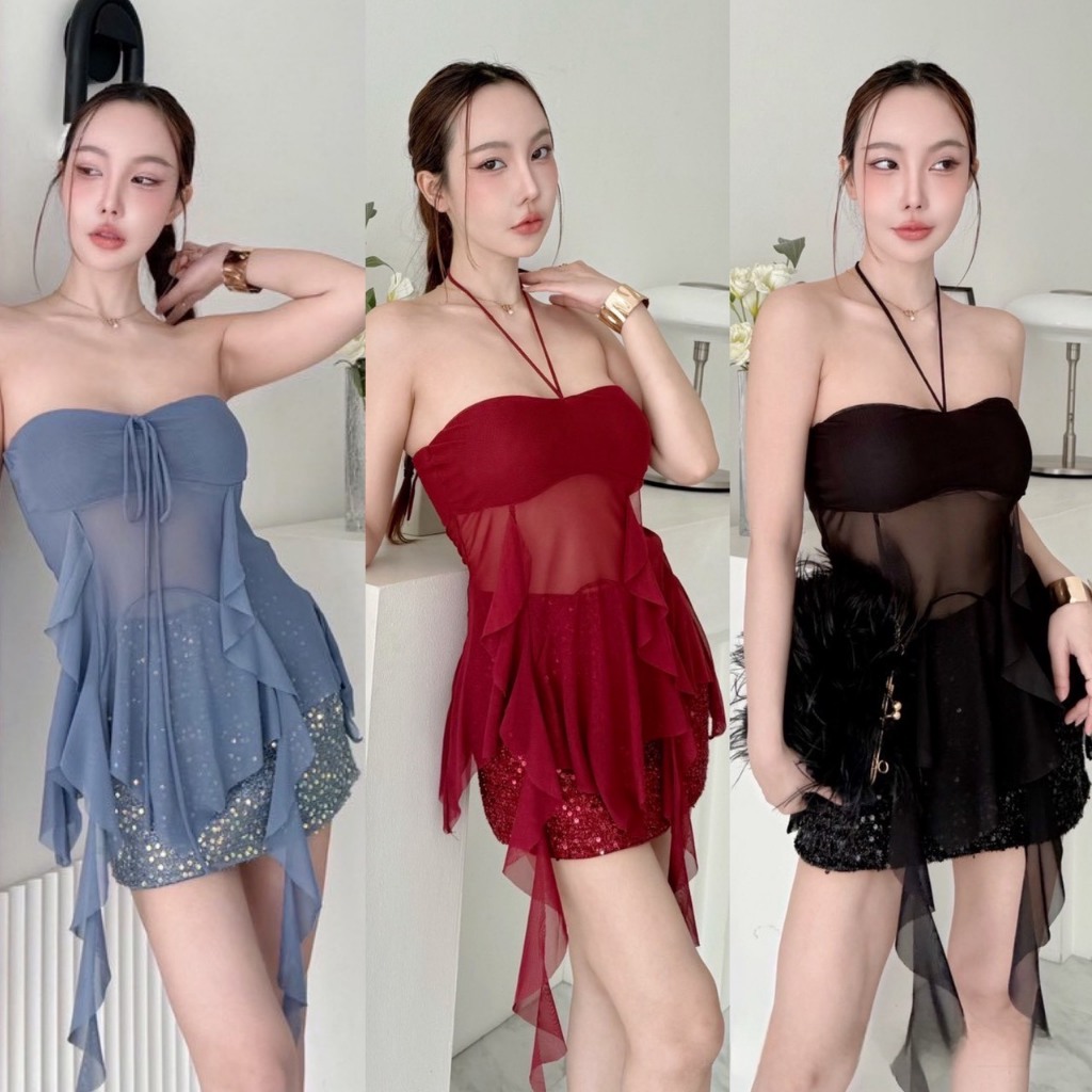 S65 ชุดเซ็ต เสื้อเกาะอกคล้องคอ แมทกระโปรงกลิตเตอร์