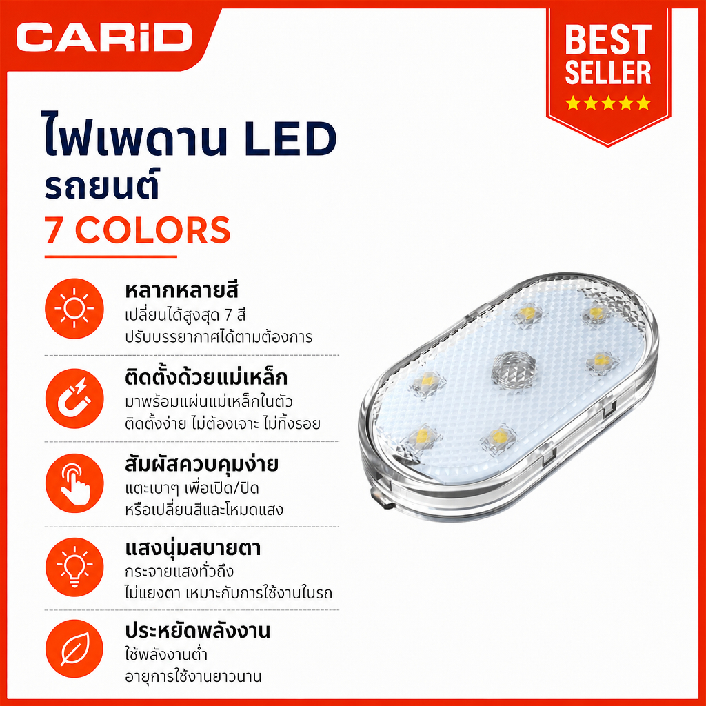 CARiD ไฟ LED แบบสัมผัสสำหรัยนต์ USB ชาร์จได้ แม่เหล็ก สําหรับติดเพดานรถยนต์ สําหรับติดภายในรถยนต์