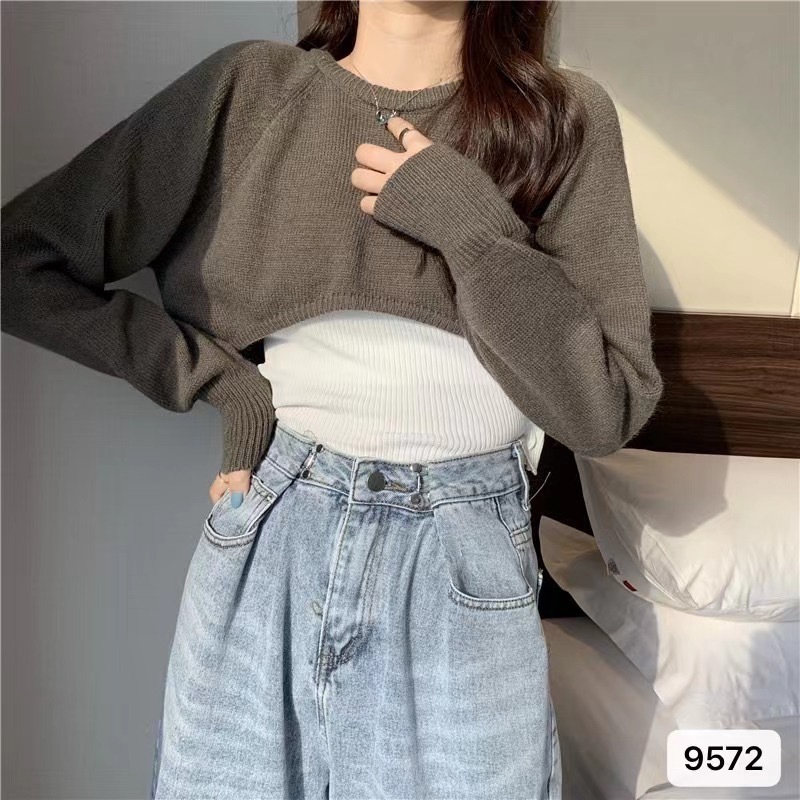 พร้อมส่งในไทย** เสื้อแขนยาวไหมพรม ทรงครอปเอว ผ้าไหมพรมไม่บาง Y330
