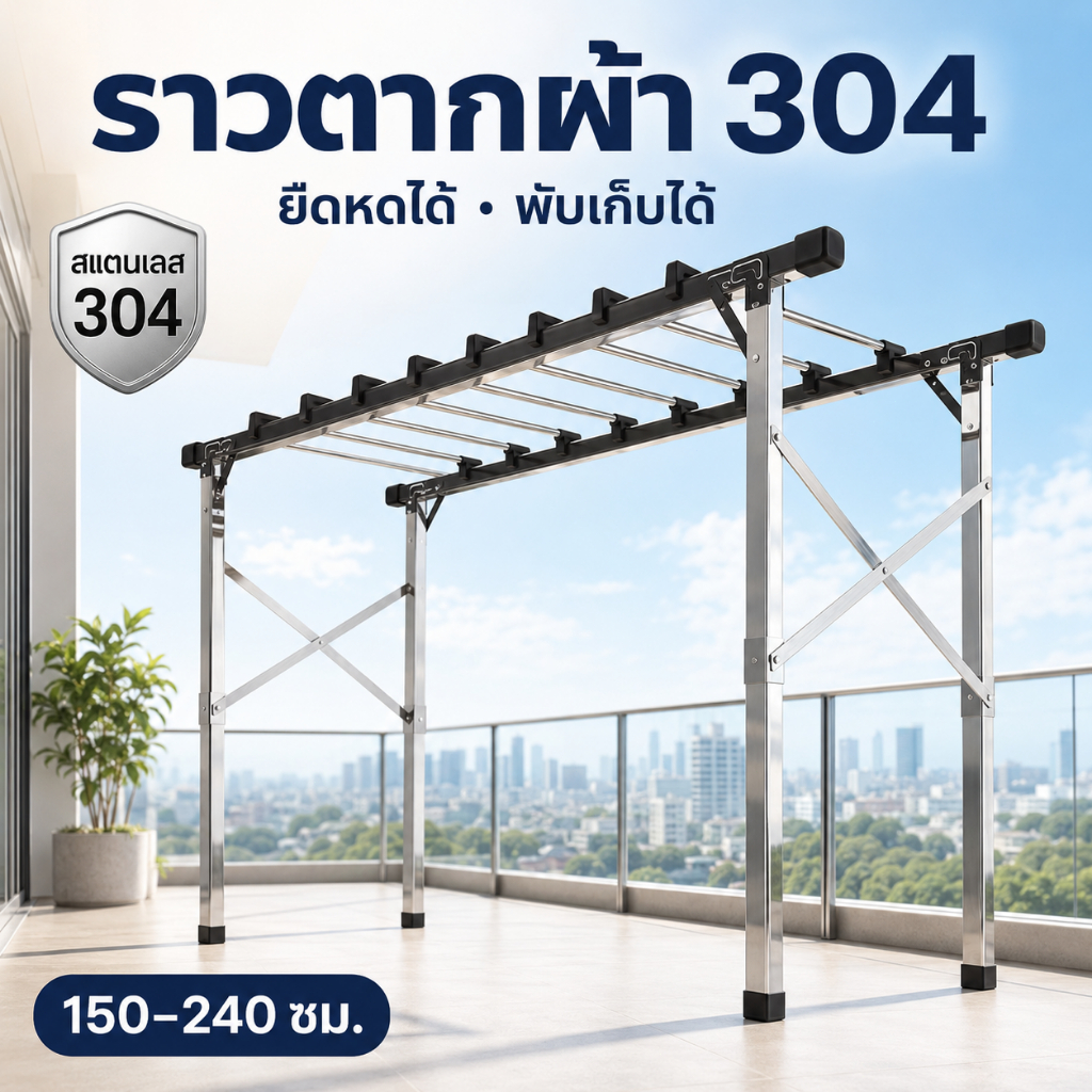 SPACE ราวตากผ้าสแตนเลส 304 พับเก็บได้ ยืดหดได้ 1.5-2.4 เมตร ราวแขวนผ้าสำหรับคอนโด ระเบียงเล็ก