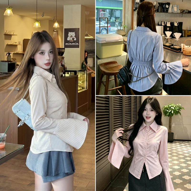 cherryshop พร้อมส่ง เสื้อเชิ้ตลายทางแขนยาวทรงสลิมของผู้หญิงสไตล์วินเทจฝรั่งเศส เนื้อผ้าบางใส่สบาย