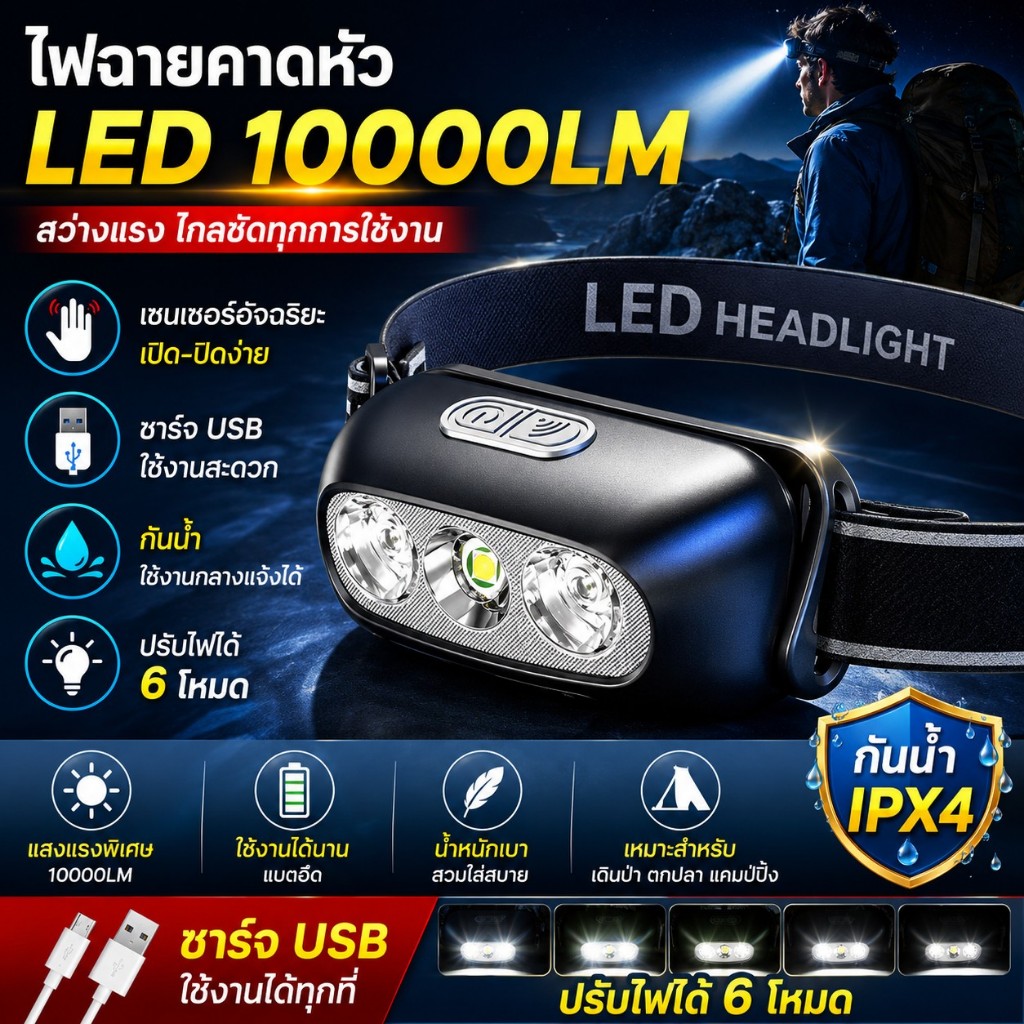 ไฟฉายคาดหัว LED 10000LM เซนเซอร์ แรงสูง ชาร์จ USB กันน้ำ ไฟฉายคาดศีรษะ ใช้งานกลางคืน