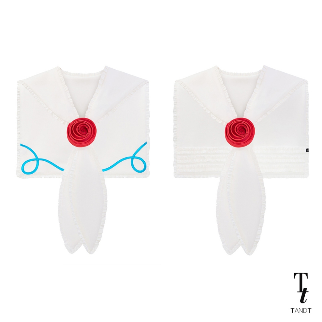 TandT - MARINA WHITE COLLAR - ROSE HAND-CRAFTED REVERSIBLE SAILOR COLLAR ปกคอกะลาสีใส่ได้ 2 ฝั่ง ตกแต่งเส้นกุ้นรูปโบว์แล