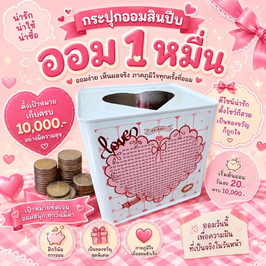 ปี๊บออมสิน พร้อมตารางออมเงิน น่ารักสุดๆ สีขาวมินิมอล