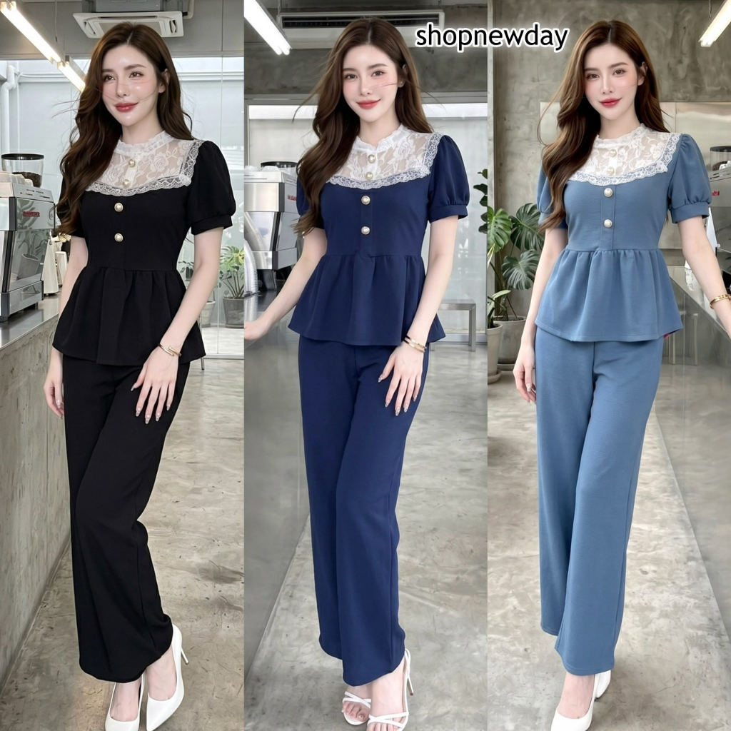 ชุดเซตออกงาน ผ้าวูลเวฟ เสื้อทรงยาว เข้ารูปช่วงอกแต่งลูกไม้ แต่งกระดุมมุขชายระบาย สม็อคหลัง+กางเกงเอวเรียบสม็อคหลัง