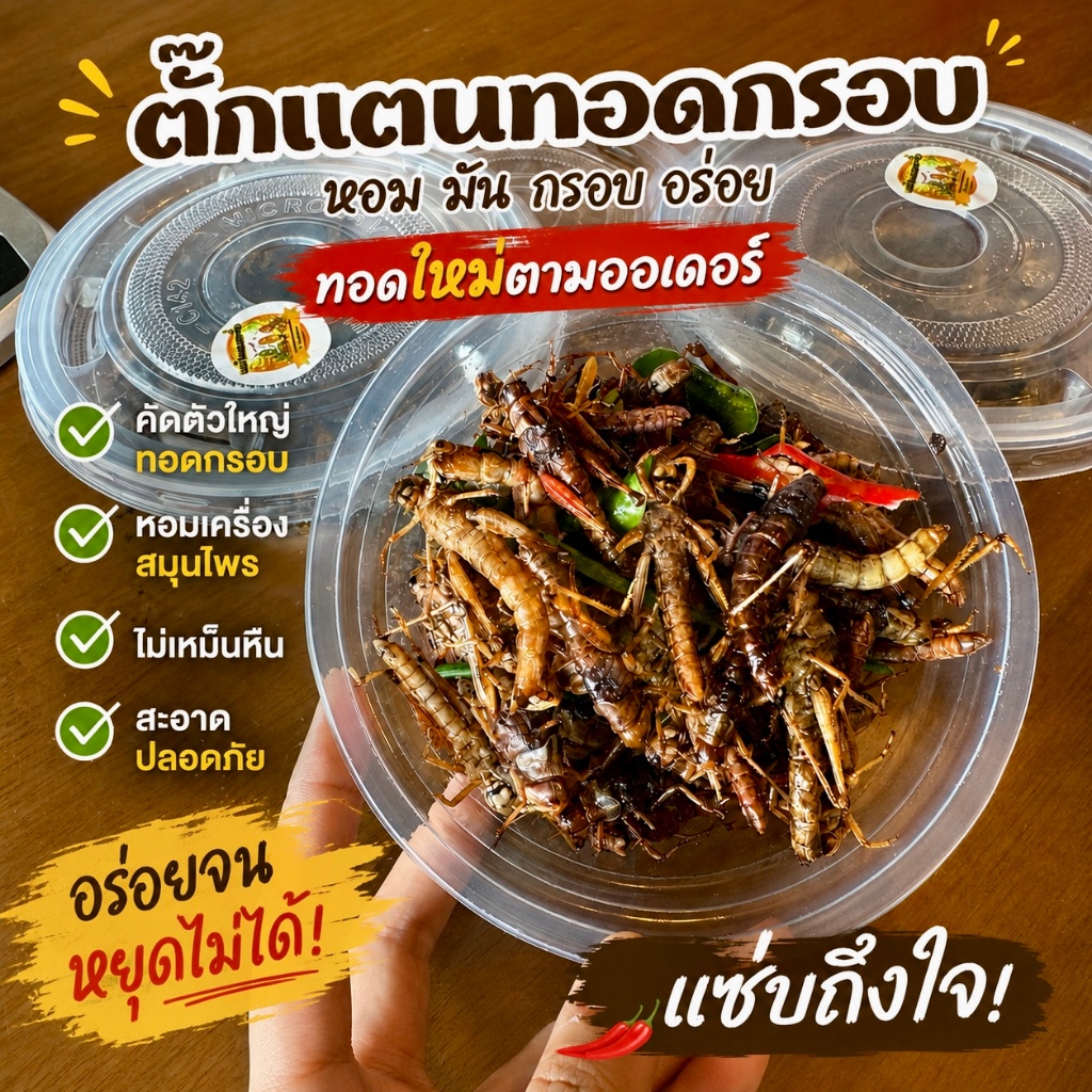 ตั๊กแตนปาทังกาทอดปรุงรสใหม่ น้ำหนักหลังทอด 100  กรัม ทอดใหม่ทุกออเดอร์