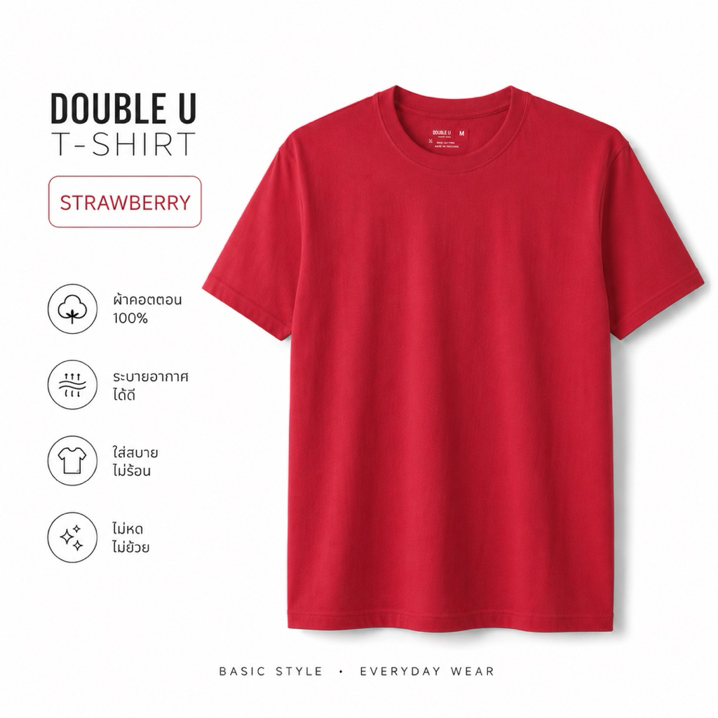 เสื้อยืดสีพื้น ( STRAWBERRY ) สีแดงเข้ม **ไม่มีการเย็บตะเข็บข้างตัวเสื้อ**