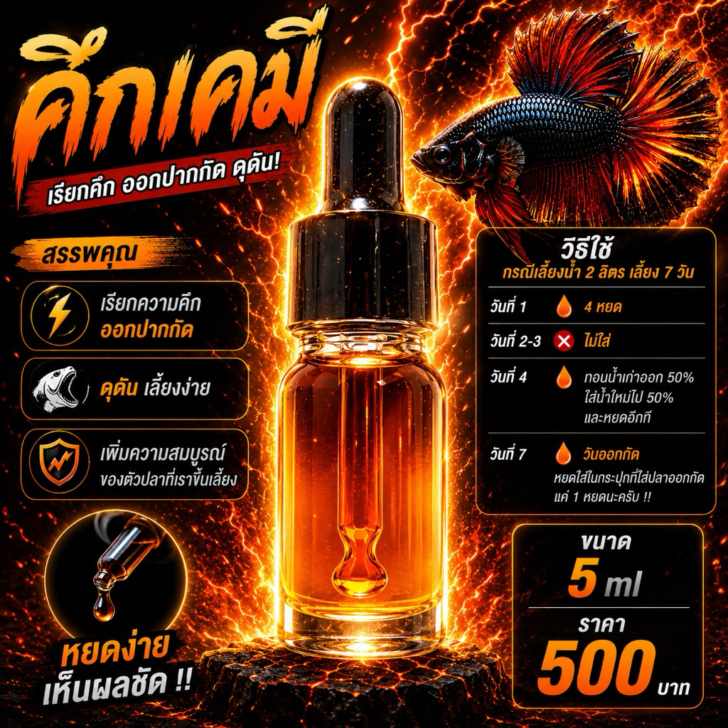 หัวเชื้อเคมี คึกปลากัด สกัดมาจากเคมี ไม่มีส่วนผสมของธรรมชาติ ขนาด5ml