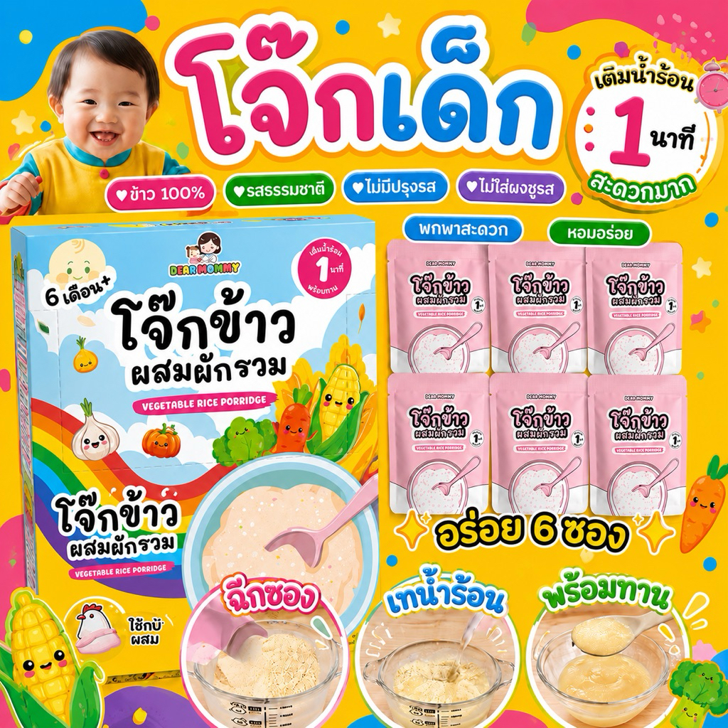 โจ๊กข้าวผสมผักรวม แบบชงน้ำร้อนเพียง 1 นาที พร้อมทาน พกพาทานนอกบ้านได้ สะดวก อร่อย ไม่ปรุงรส (1 กล่องมี 6 ซอง) 6M+ ทานได้