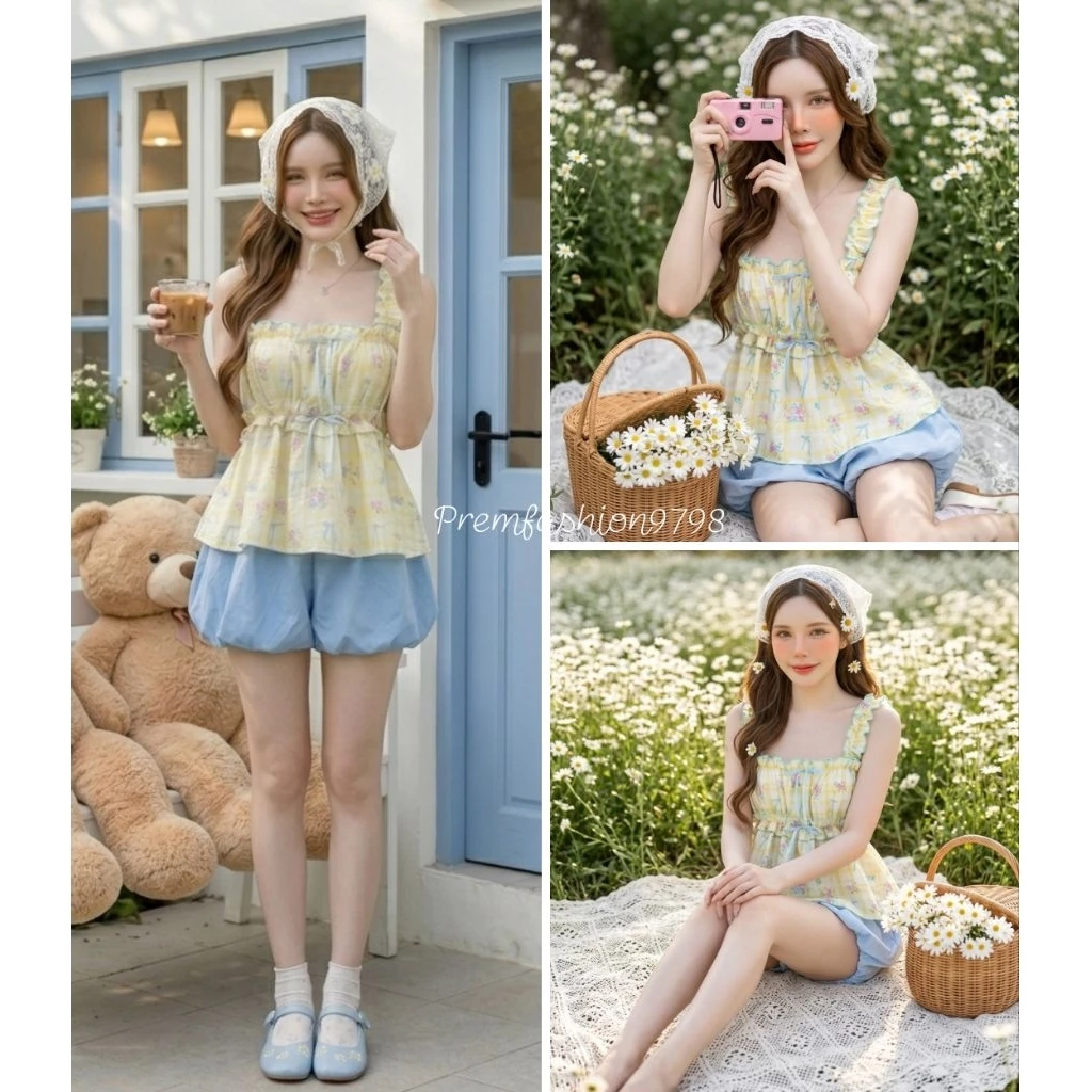 @PReM🌸ชุดเซ็ทแฟชั่นฮิตกางเกงบอลลูนพร้อมเสื้อสก็อตโบว์น่ารัก