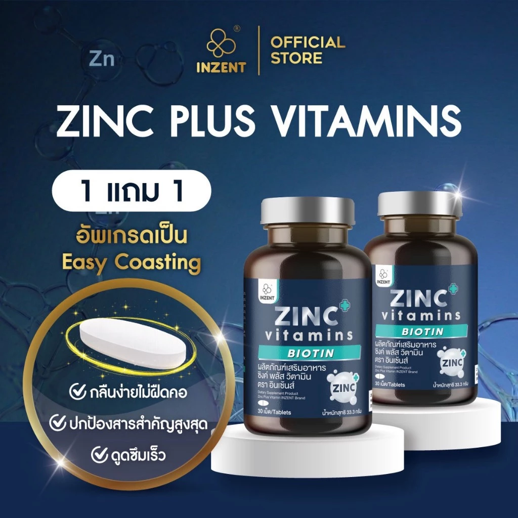 [ซื้อ1แถม1] INZENT Zinc Plus ซิงค์ พลัส  แร่ธาตุซิงค์ ซีบัคธอร์น วิตามินซี ไบโอนติน บำรุงผิวผมเล็บ ตราอินเซ้นส์ [A7]